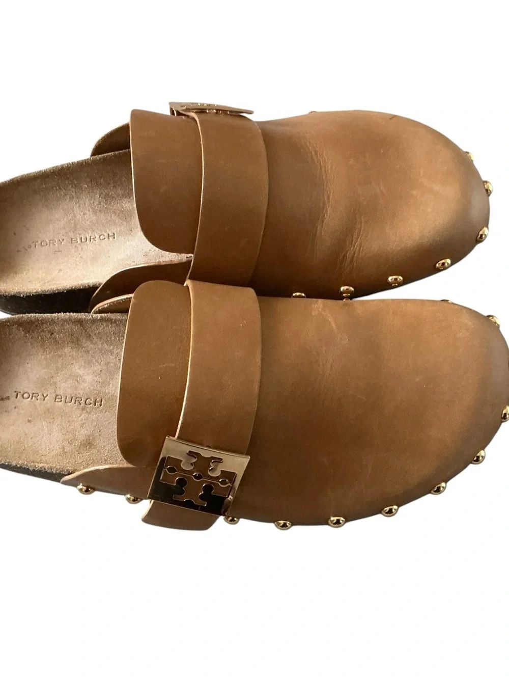 Tory Burch Mellow studded mule comfort flat slip on shoes caramel brown size 8